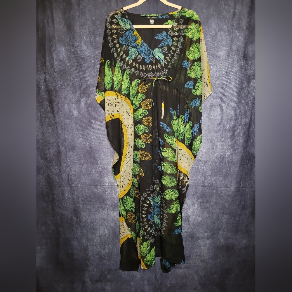 ✨️3/$25✨️ Black Sheer Swim Coverup with Green, Yellow, and Blue Pattern